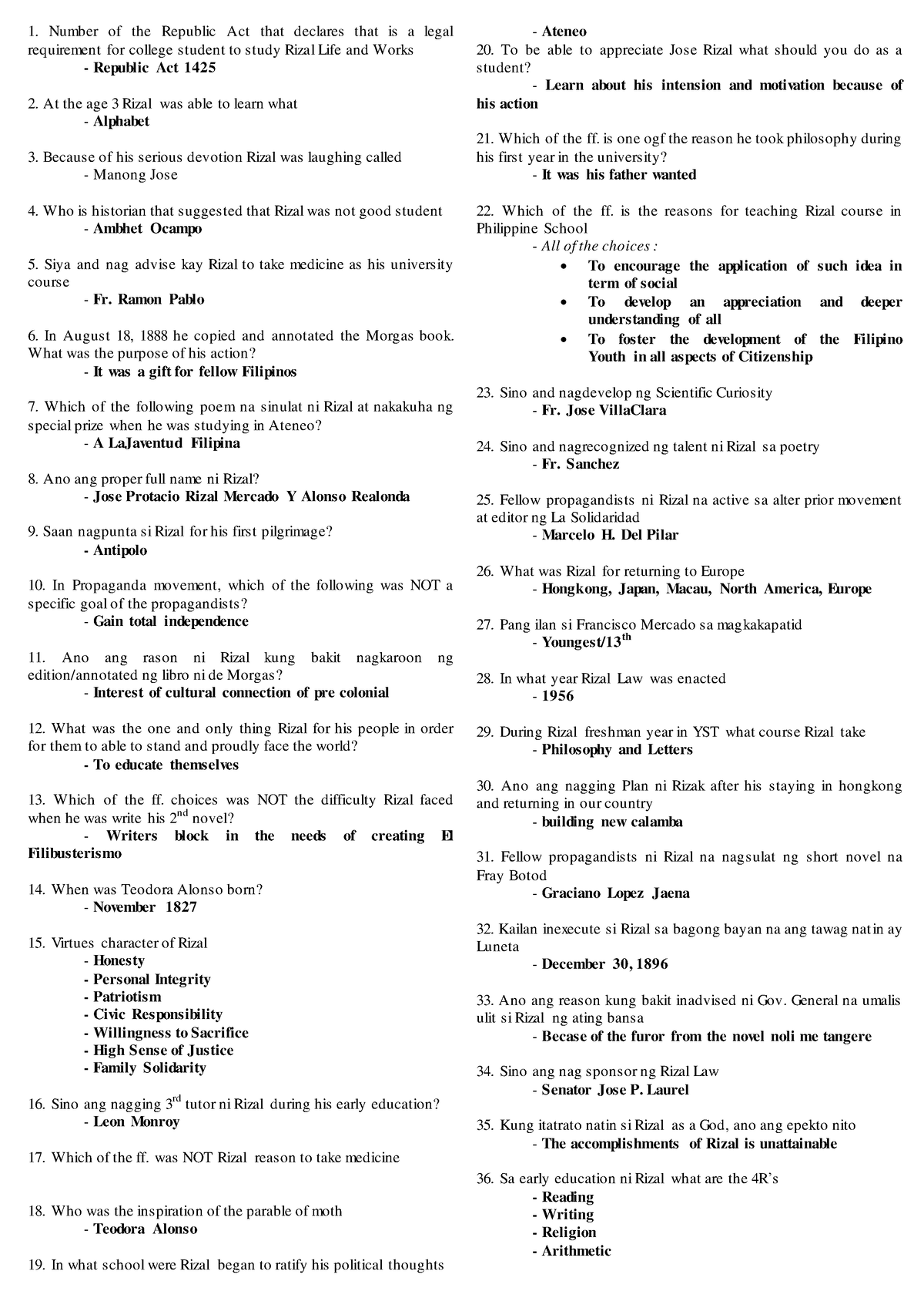 Rizal-Question Answer - Number of the Republic Act that declares that ...