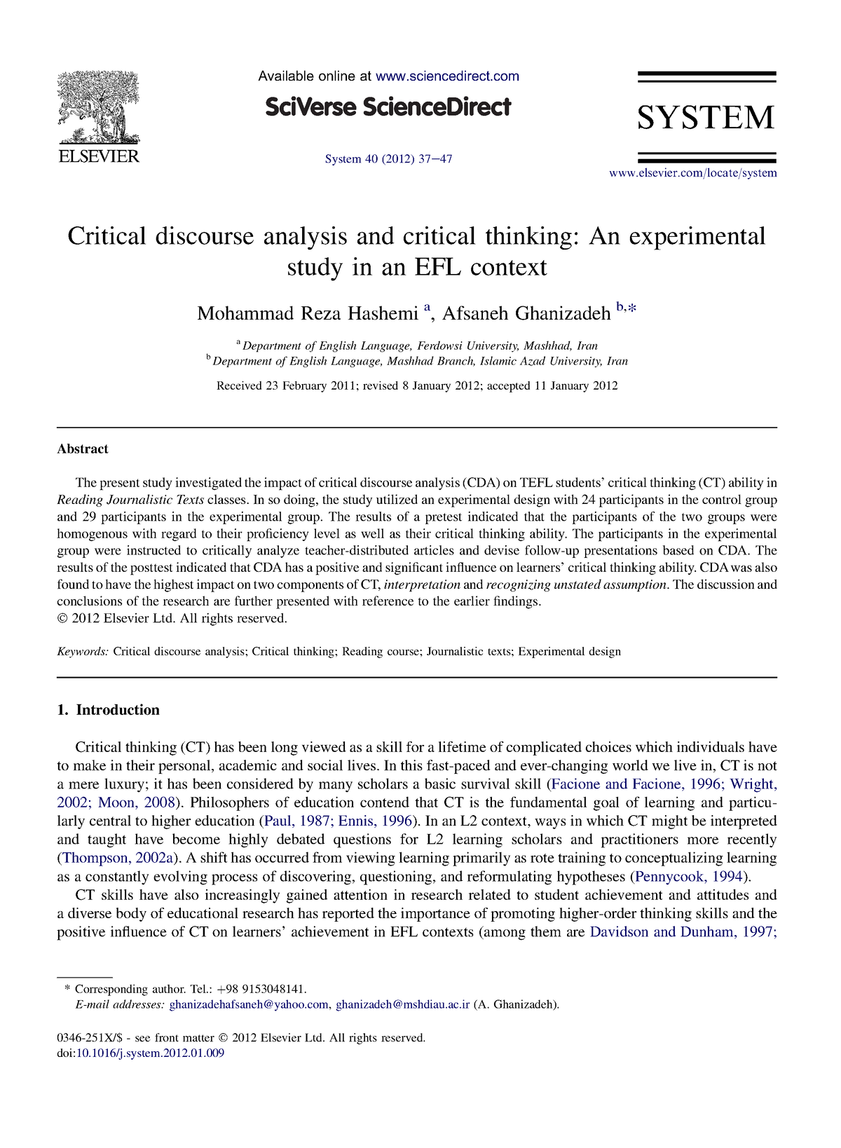 Critical Discourse Analysis And Critical Thinking: An Experimental ...