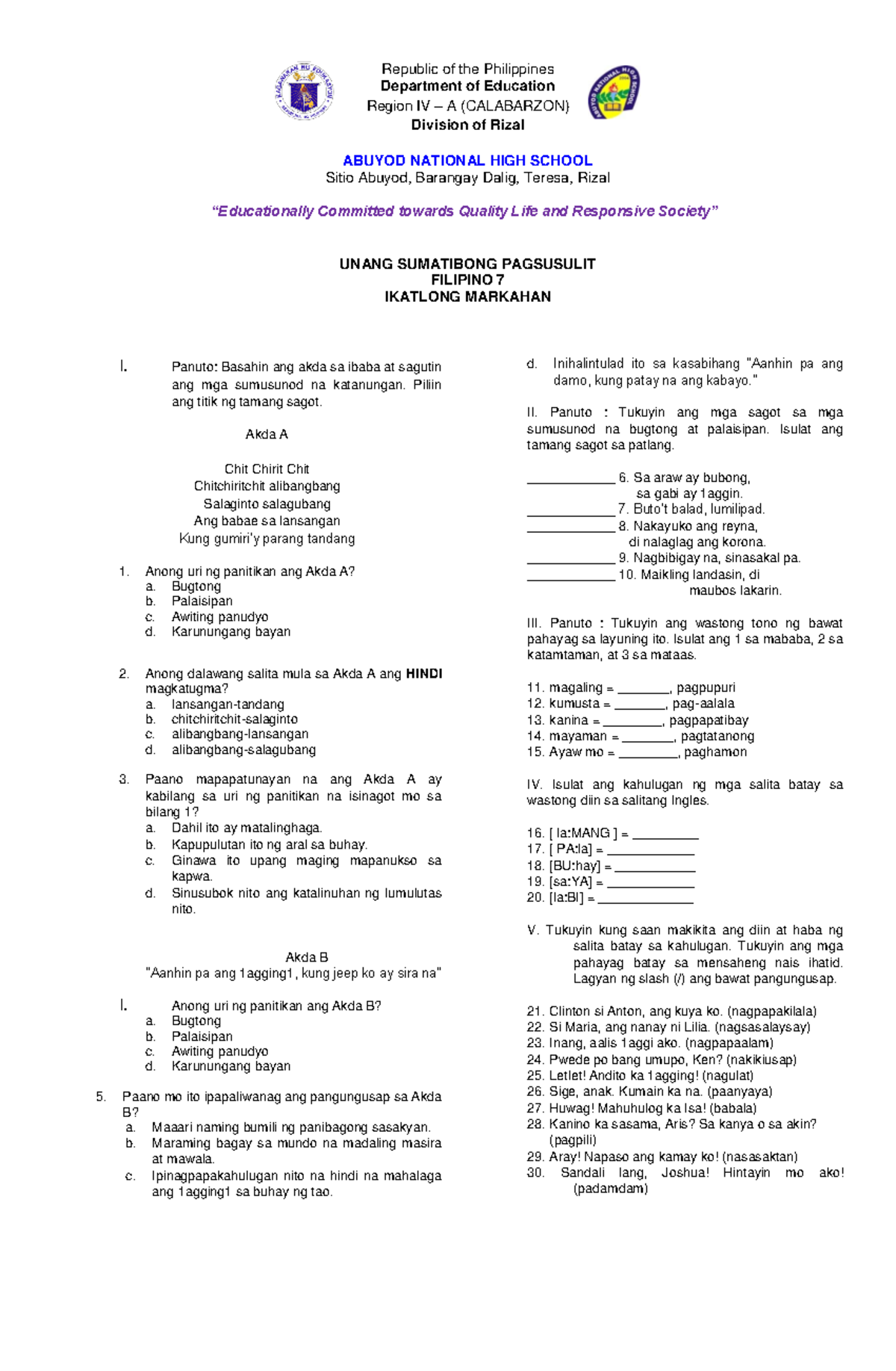 Filipino-7-3rd-quarter-summative-test Compress - Department Of ...