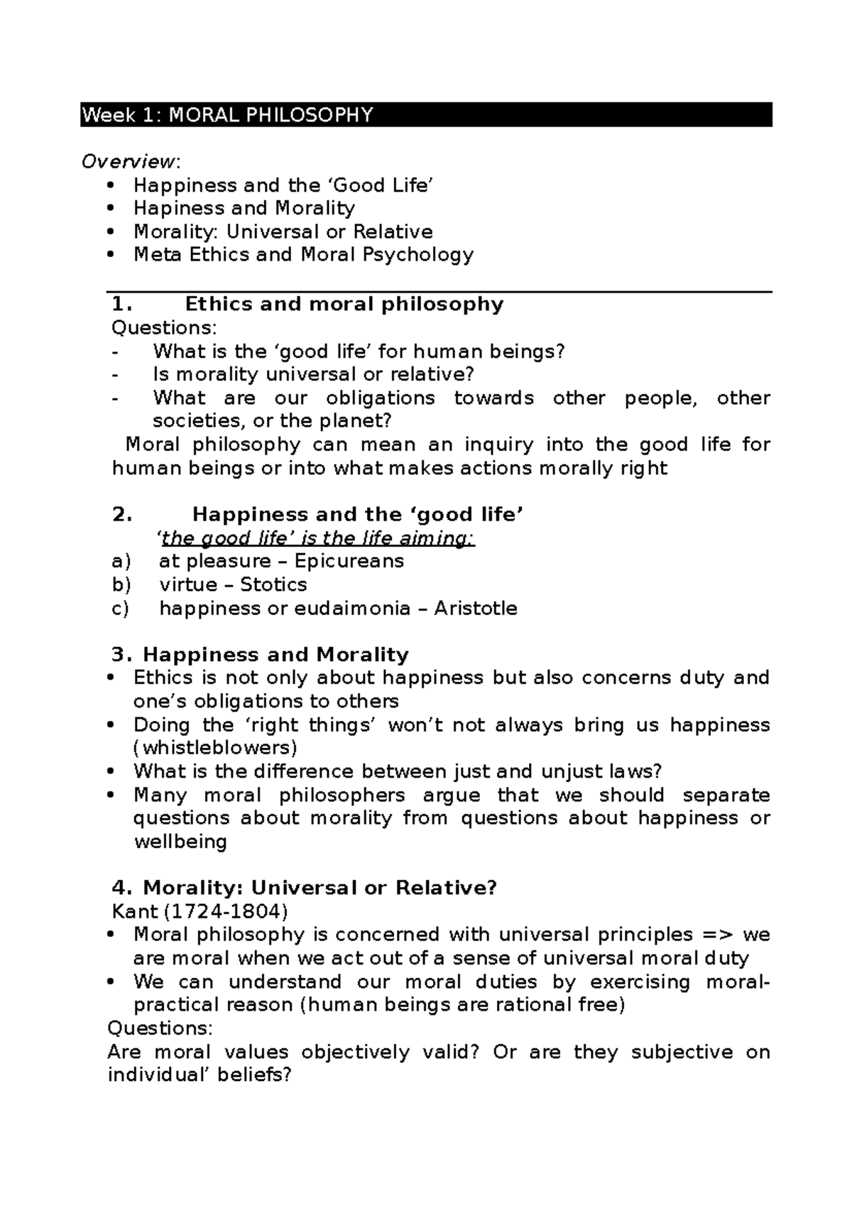 Lecture notes Part 1 - Week 1: MORAL PHILOSOPHY Overview: Happiness and ...