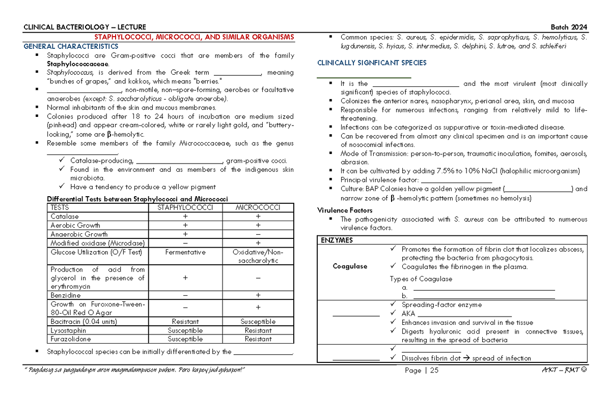 Bacteriology Lecture Handouts Midterms pt - STAPHYLOCOCCI, MICROCOCCI ...