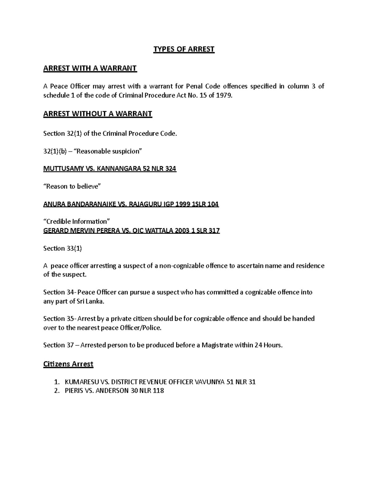 Types OF Arrest Lecture notes 1 AttorneyatLaw Studocu