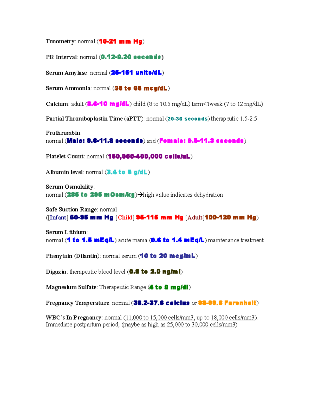 Common Laboratory Values - Tonometry : normal (10-21 mm Hg) PR Interval ...