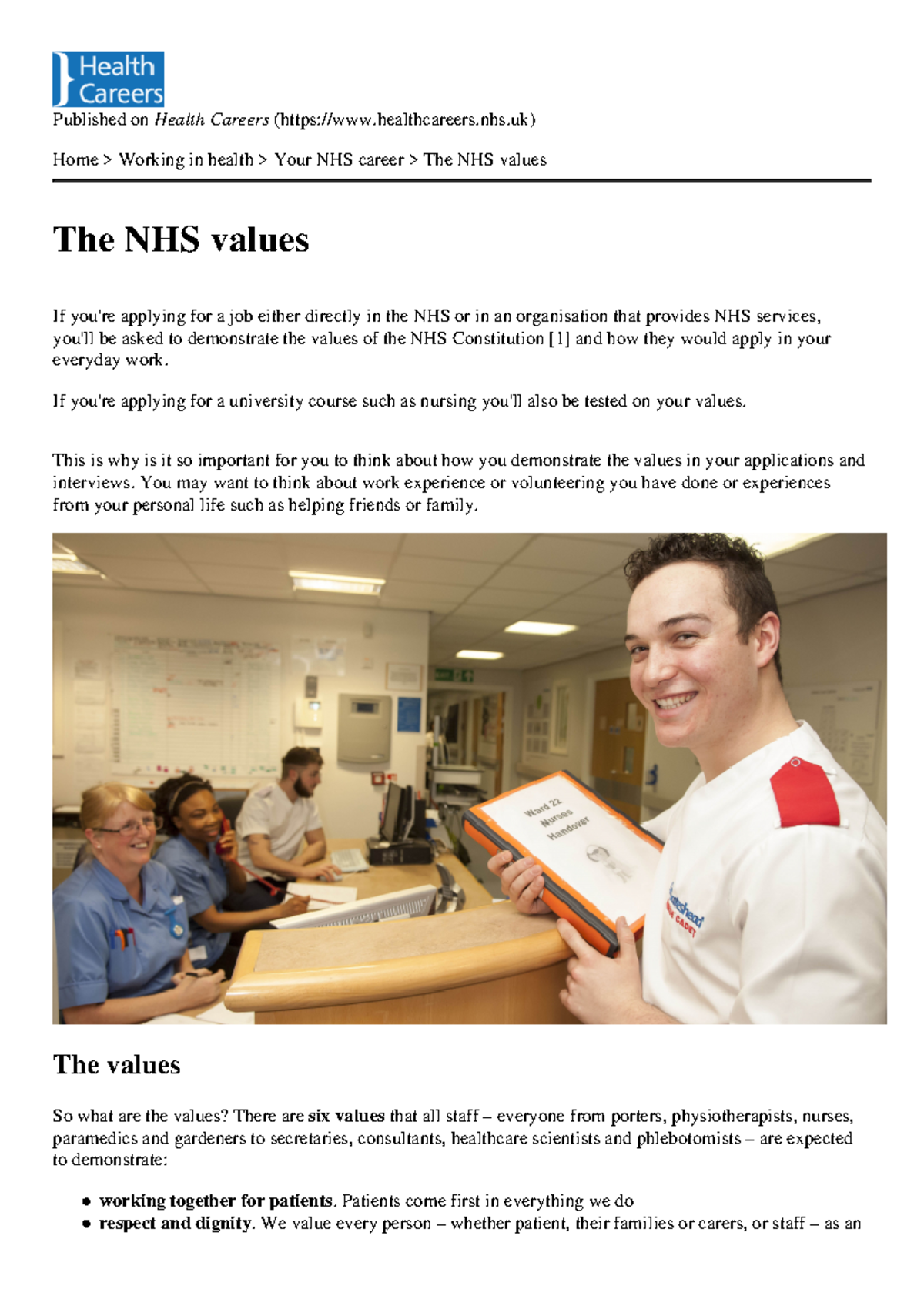 Health Careers - The NHS values - 2024-01-23 - Published on Health ...