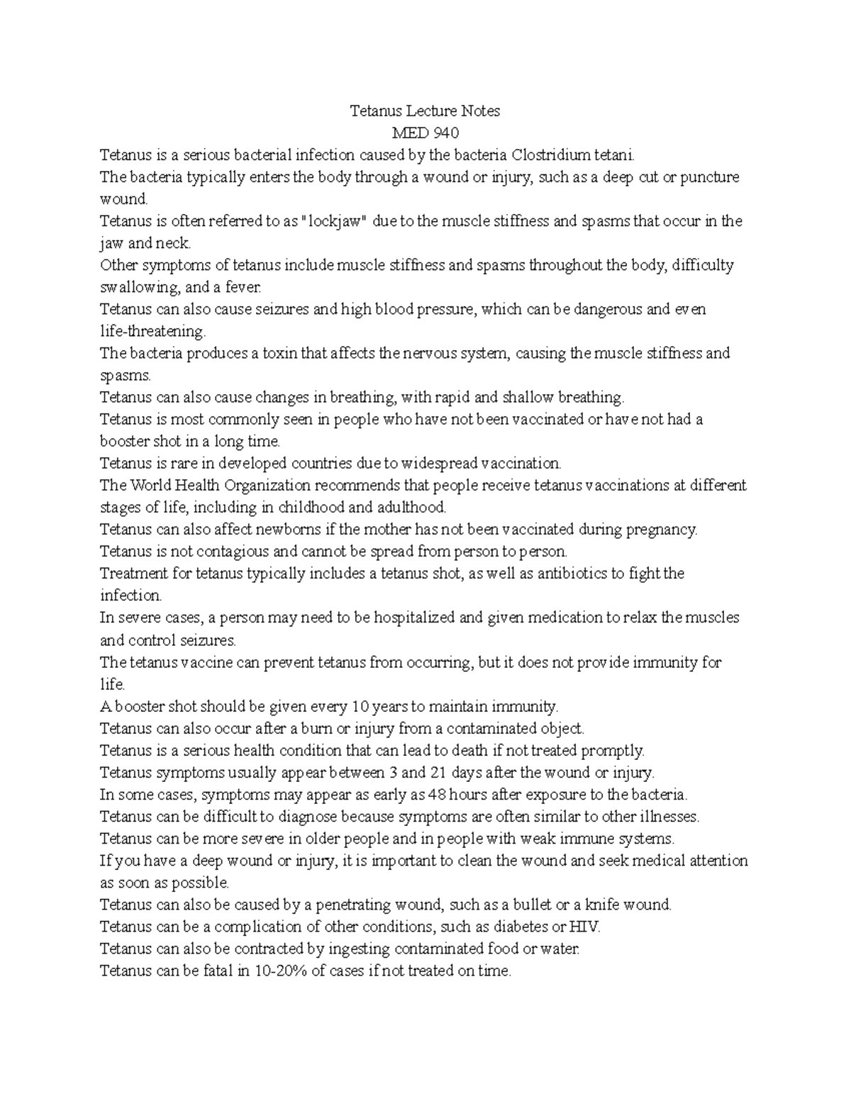 Tetanus Lecture Notes - The bacteria typically enters the body through ...