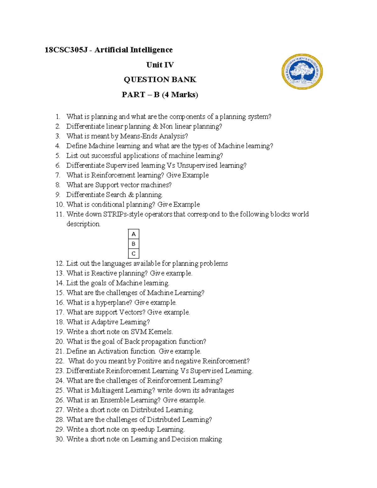 UNIT4 QB-AI - Notes - 18CSC305J - Artificial Intelligence Unit IV ...