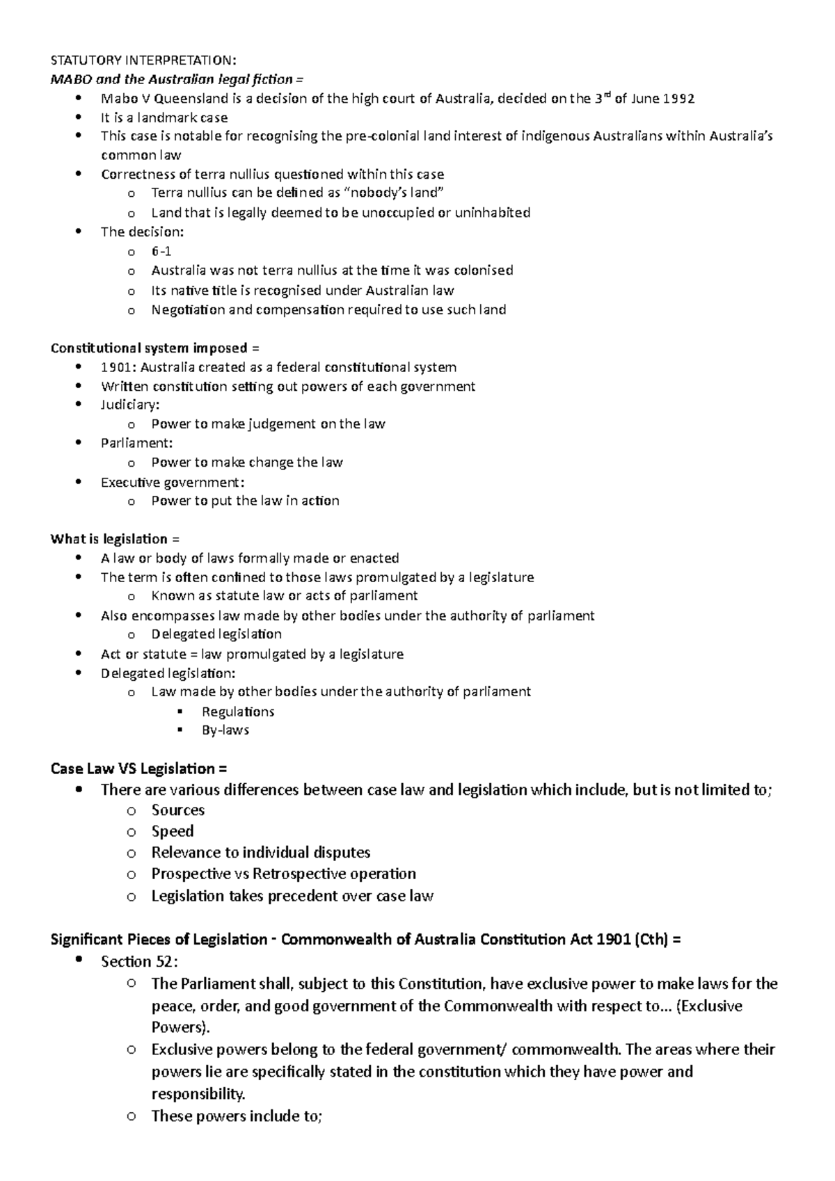 Law notes STATUTORY INTERPRETATION MABO and the Australian legal