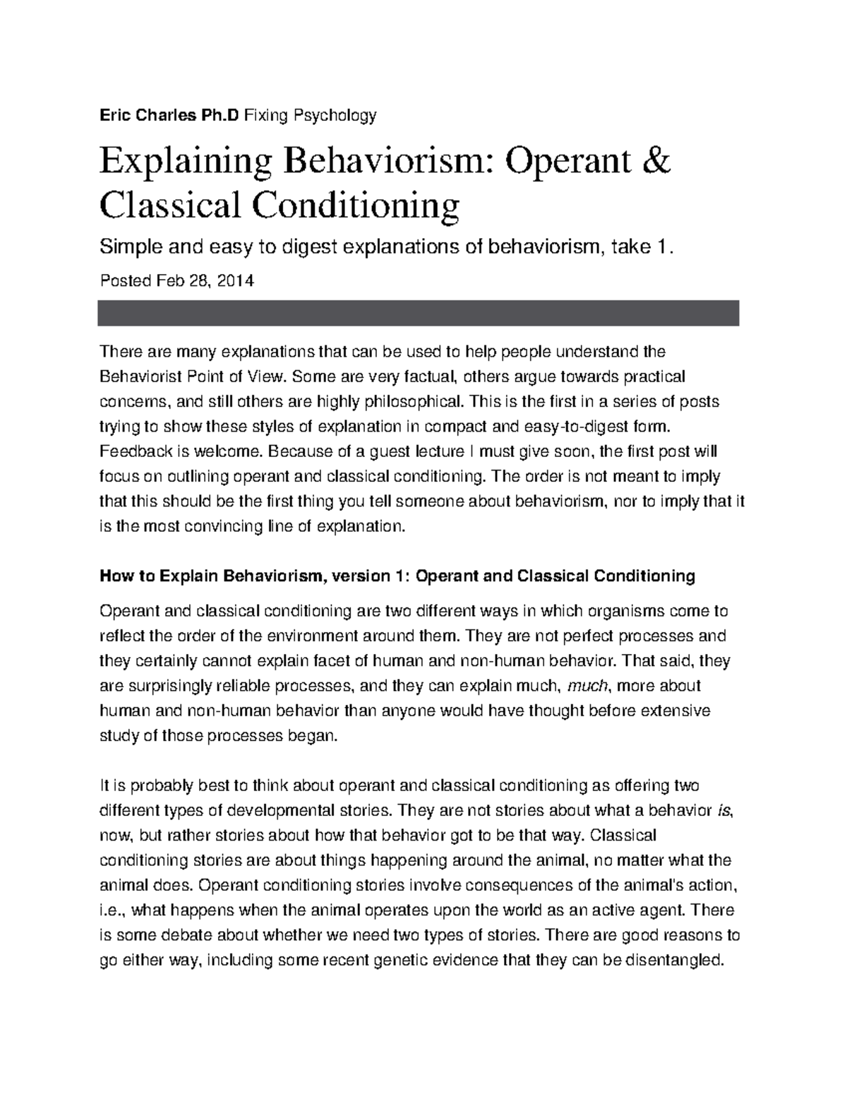 Classical vs operant conditioning reading Eric Charles Ph Fixing