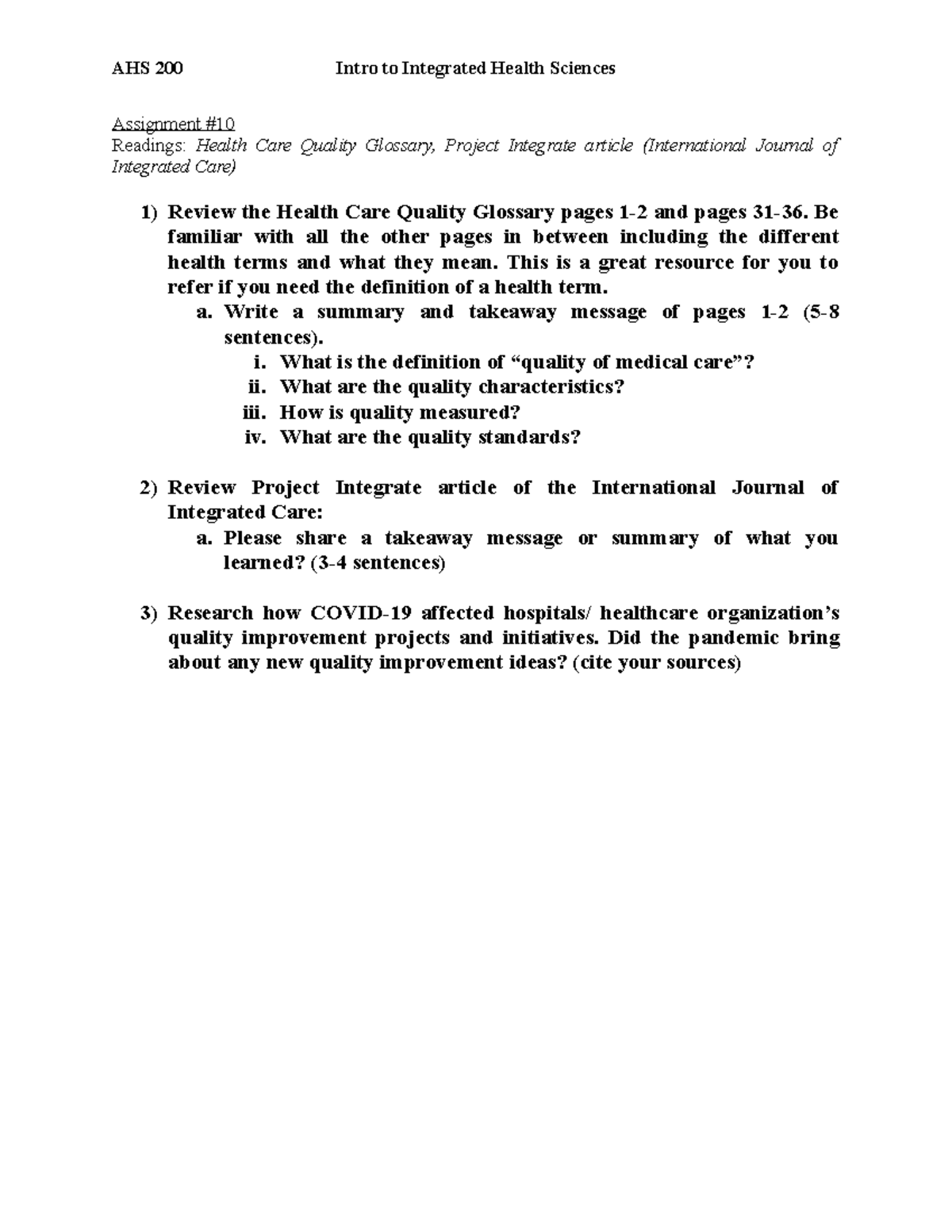 AHS200 Assignment#10 - Assignment 10 - AHS 200 Intro To Integrated ...