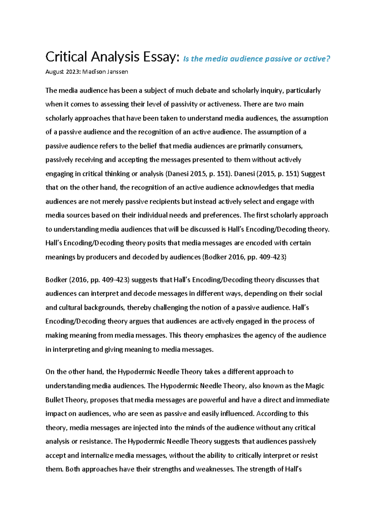 MDA10001 Assignment 3A - Critical Analysis Essay: Is the media audience ...