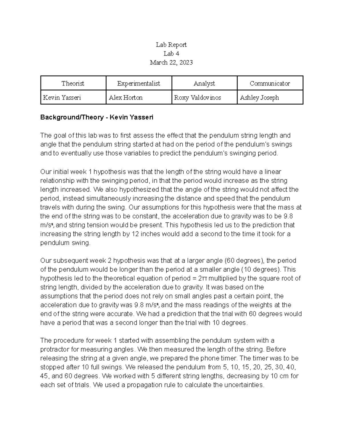 Physics Lab 4 Group Lab Report Lab Report Lab 4 March 22, 2023
