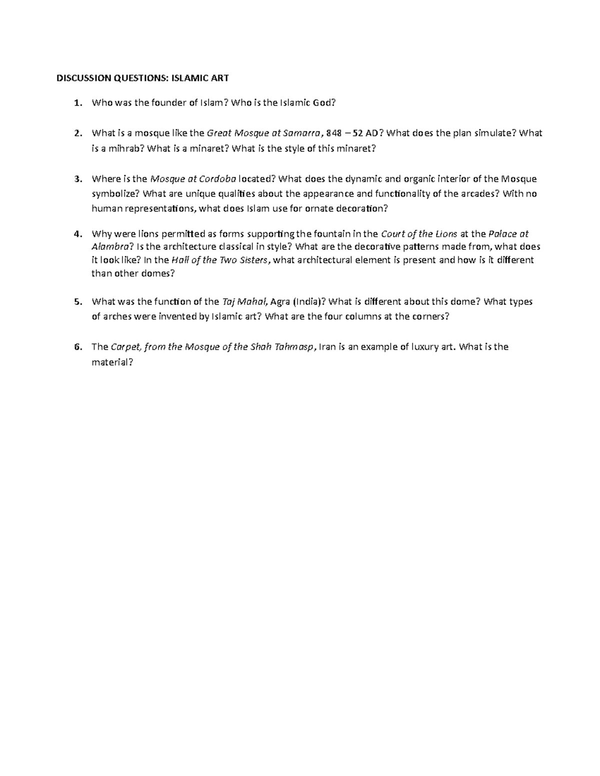 Module 25 Islamic Art Questions DISCUSSION QUESTIONS ISLAMIC ART Who