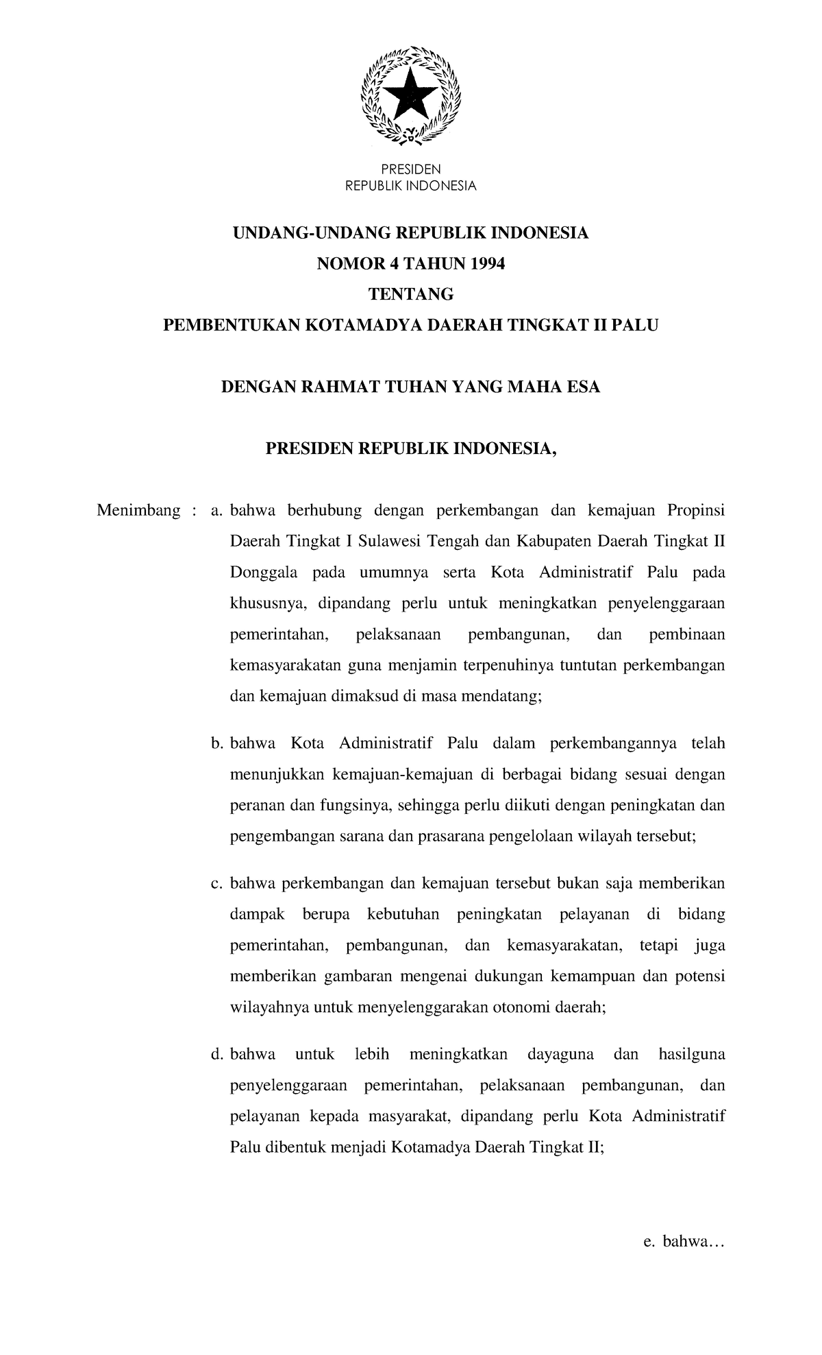 UU Nomor 4 Tahun 1994 - Tentang Peraturan - REPUBLIK INDONESIA UNDANG