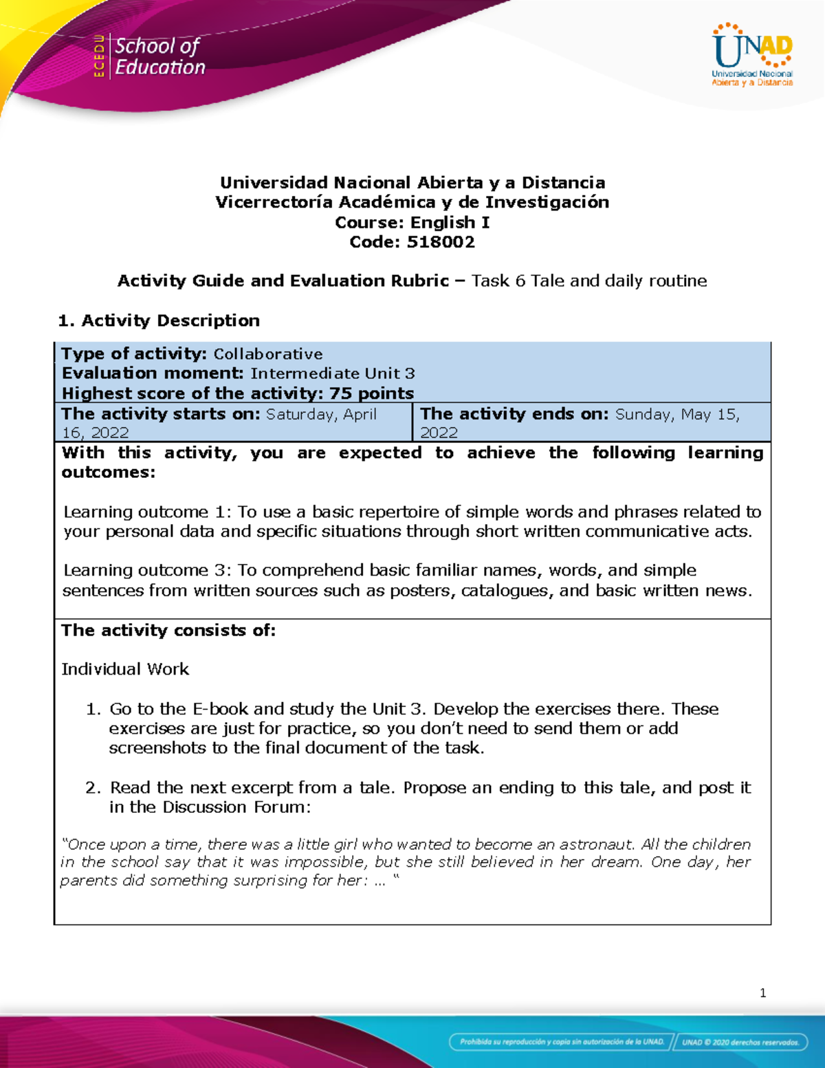 Activity Guide and Evaluation Rubric - Unit 3 - Task 6 - Tale and daily ...