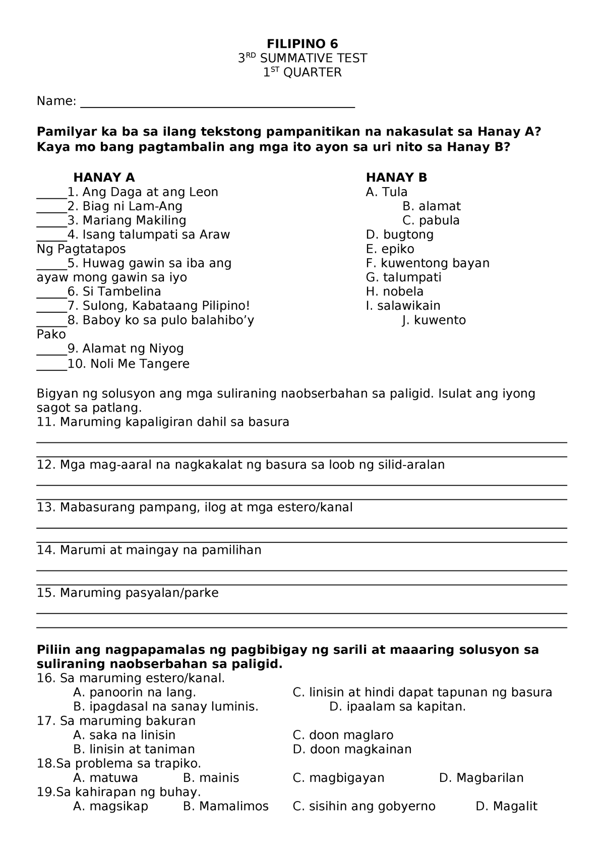 Summative-3 - AGREE - FILIPINO 6 3 RD SUMMATIVE TEST 1 ST QUARTER Name ...