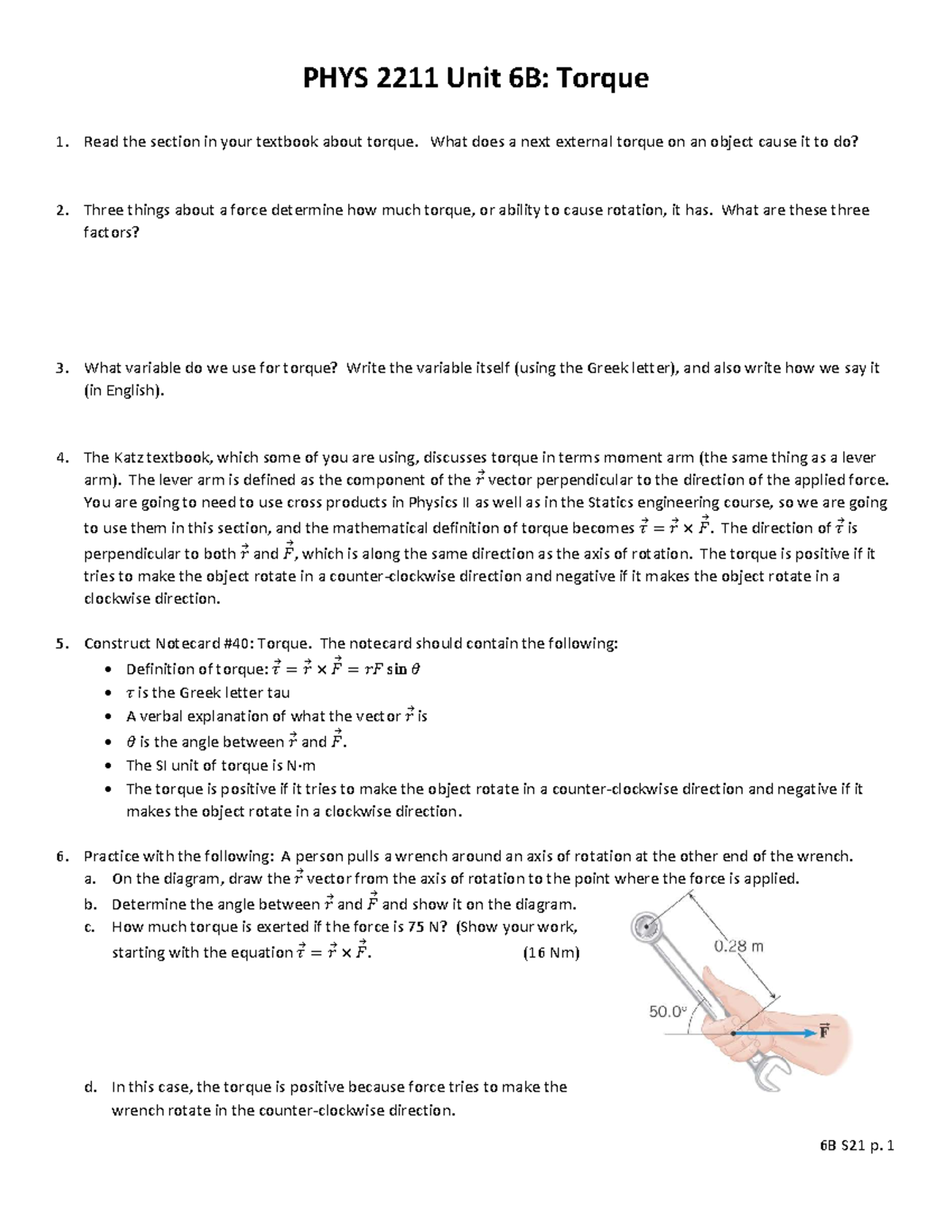 Unit 6B - Torque - Homework - 6B S21 p. 1 PHYS 2211 Unit 6B: Torque ...