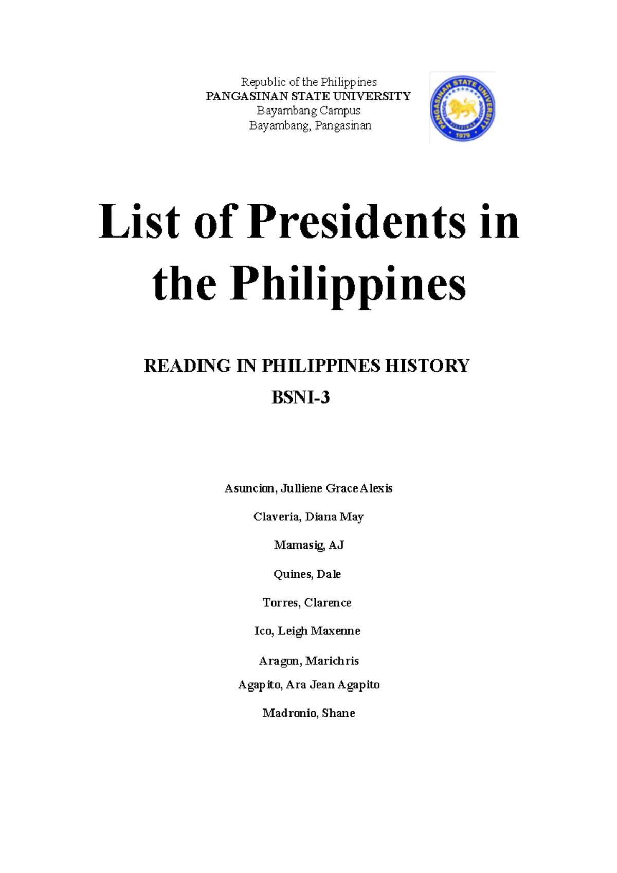 ALL- Presidents - Activity - Republic Of The Philippines PANGASINAN ...