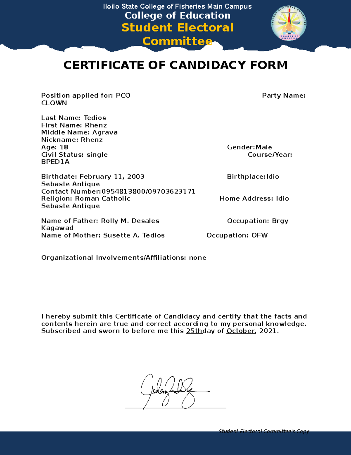 Coed-COC.-SEC.-Election-2021 - CERTIFICATE OF CANDIDACY FORM Position ...