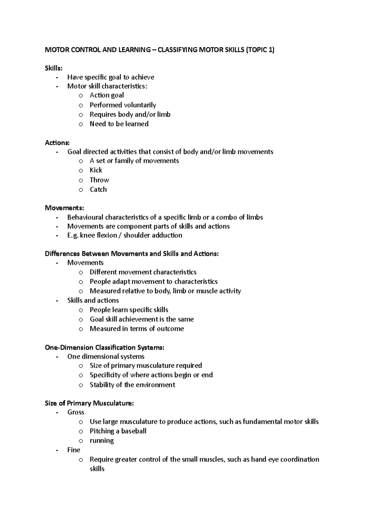 Exam notes - MOTOR CONTROL AND LEARNING – CLASSIFYING MOTOR SKILLS ...