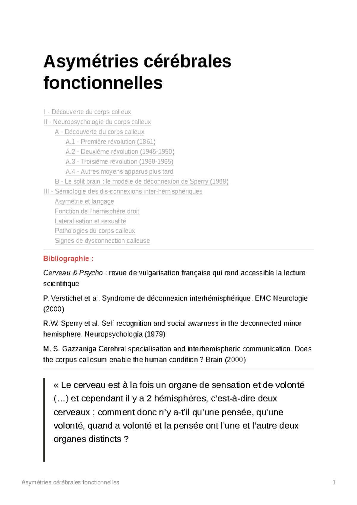 L1 - S2 - Asymétries Cérébrales Fonctionnelles - Asymétries Cérébrales ...