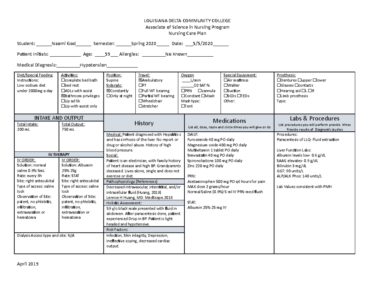 Care Plan example - LOUISIANA DELTA COMMUNITY COLLEGE Associate of ...