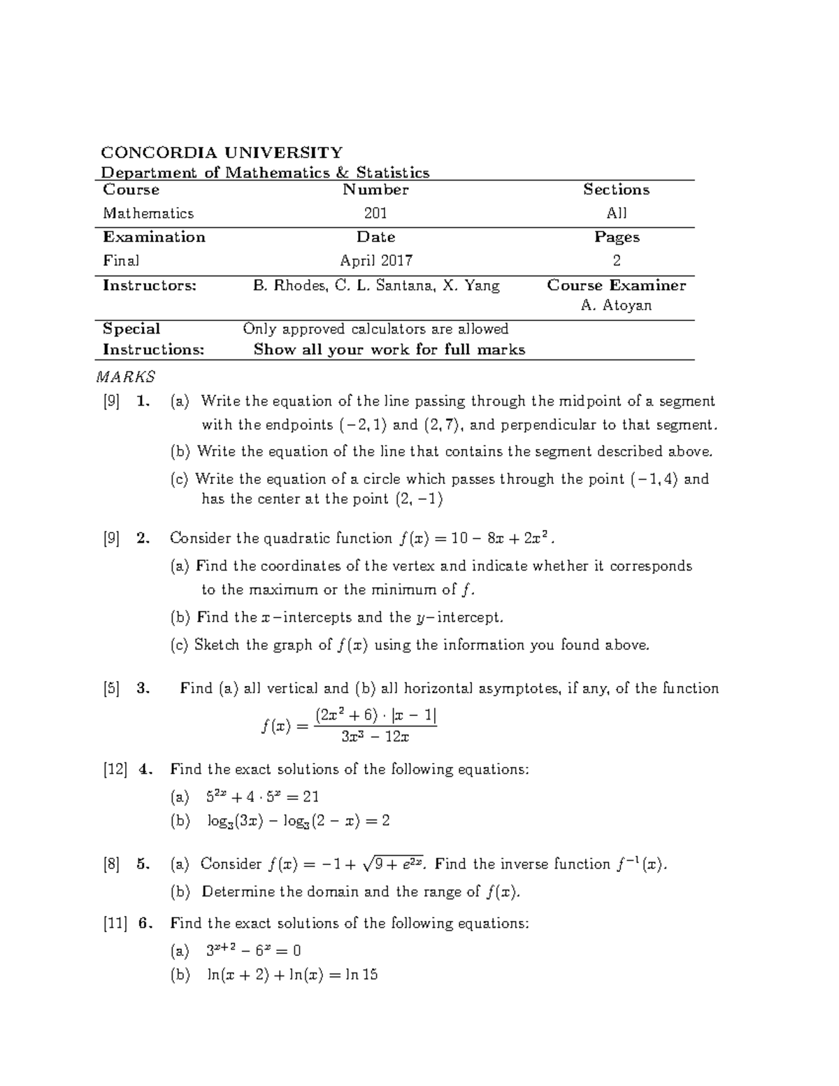 Math201 Final Exam Winter 2017 - CONCORDIA UNIVERSITY Department Of ...