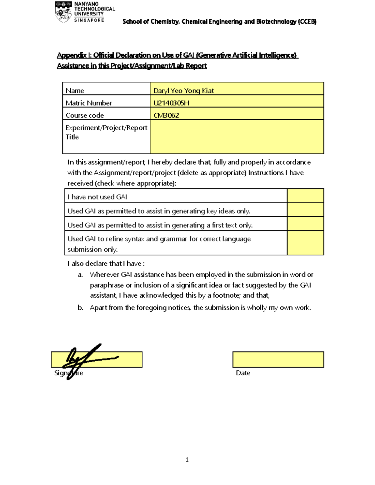 GAI Declaration - 1 School of Chemistry, Chemical Engineering and ...