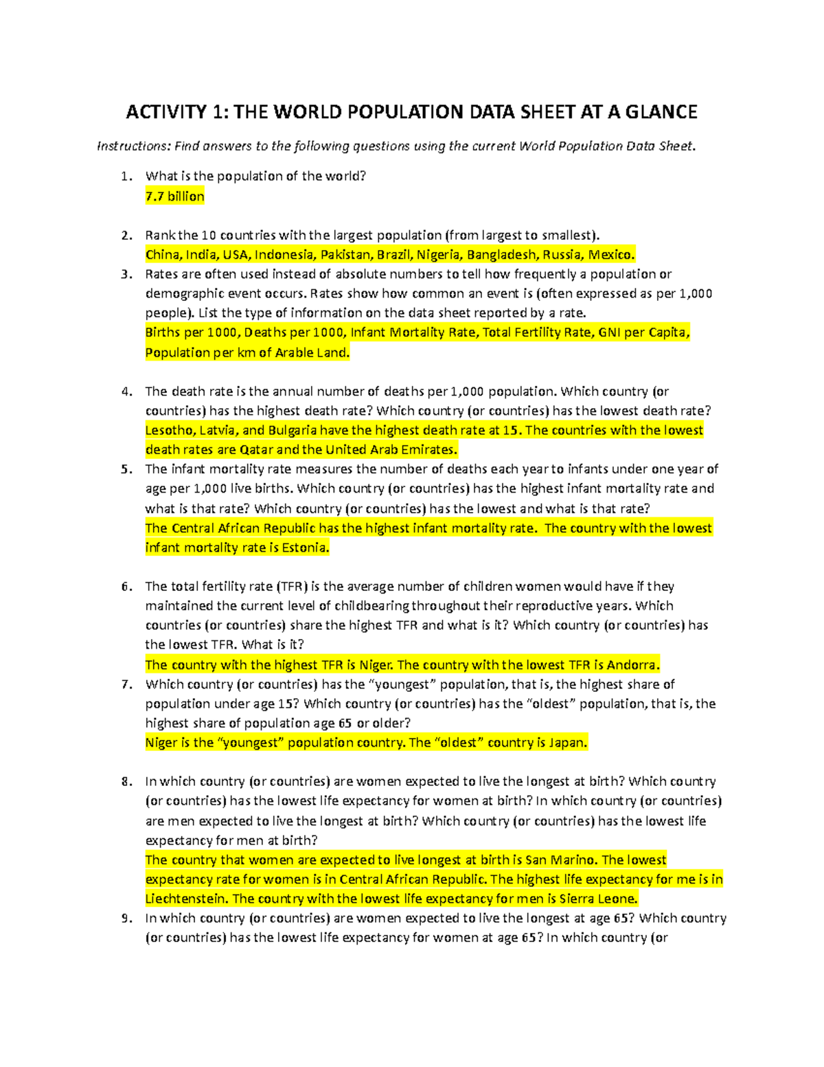 WPDS2019 questions ACTIVITY 1 THE WORLD POPULATION DATA SHEET AT A