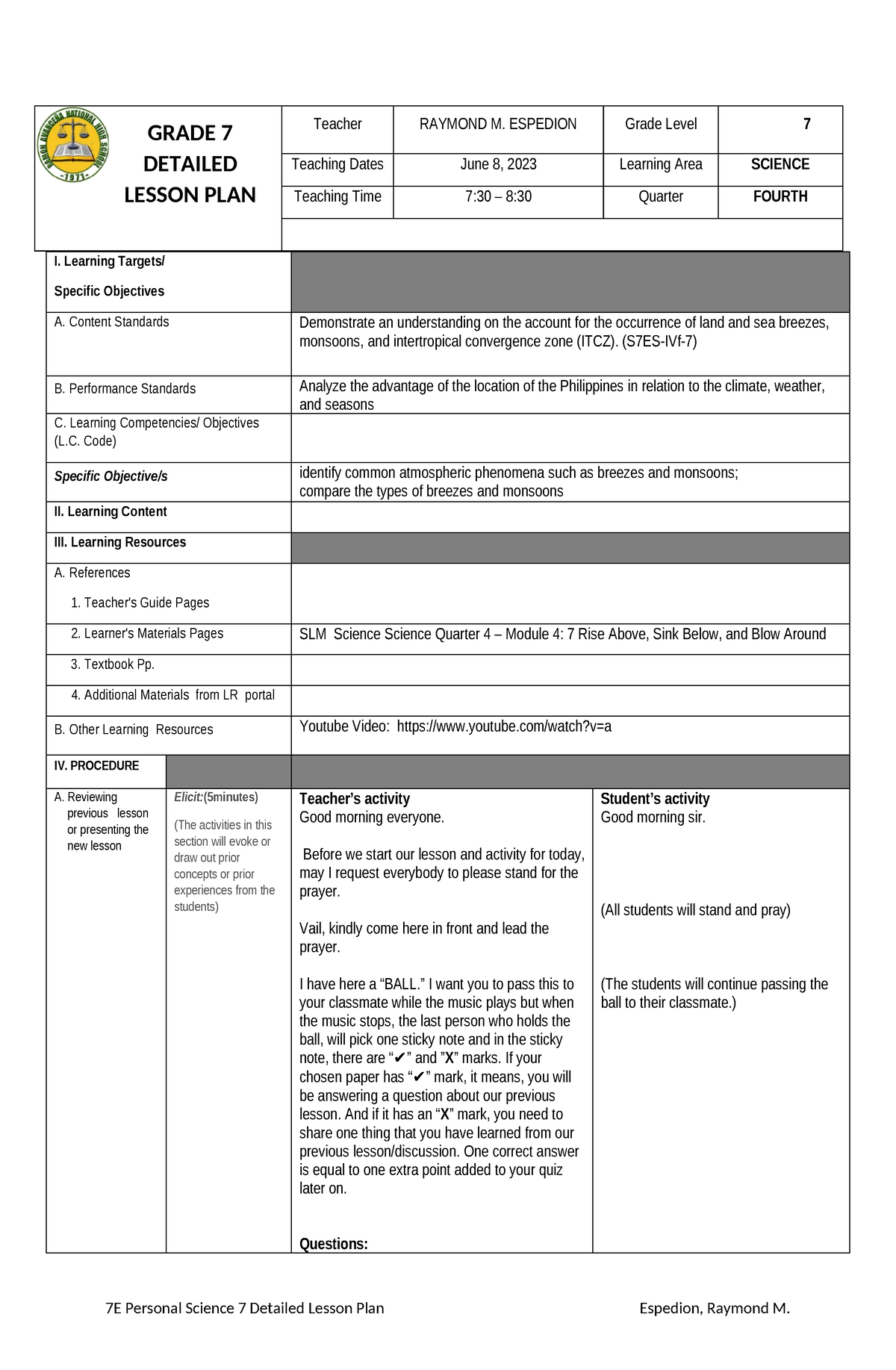 Lesson PLAN NO. Breezes and Monsoons - Teacher RAYMOND M. ESPEDION ...