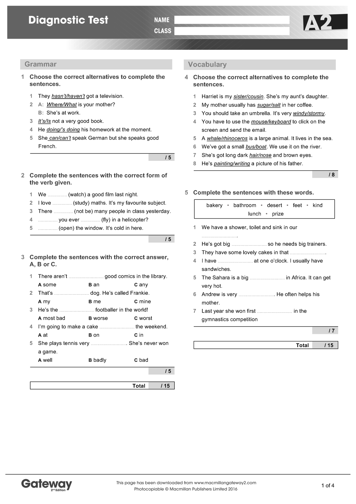 A2-diagnostic-test - A2-diagnostic-test - Grammar 1 Choose the correct ...