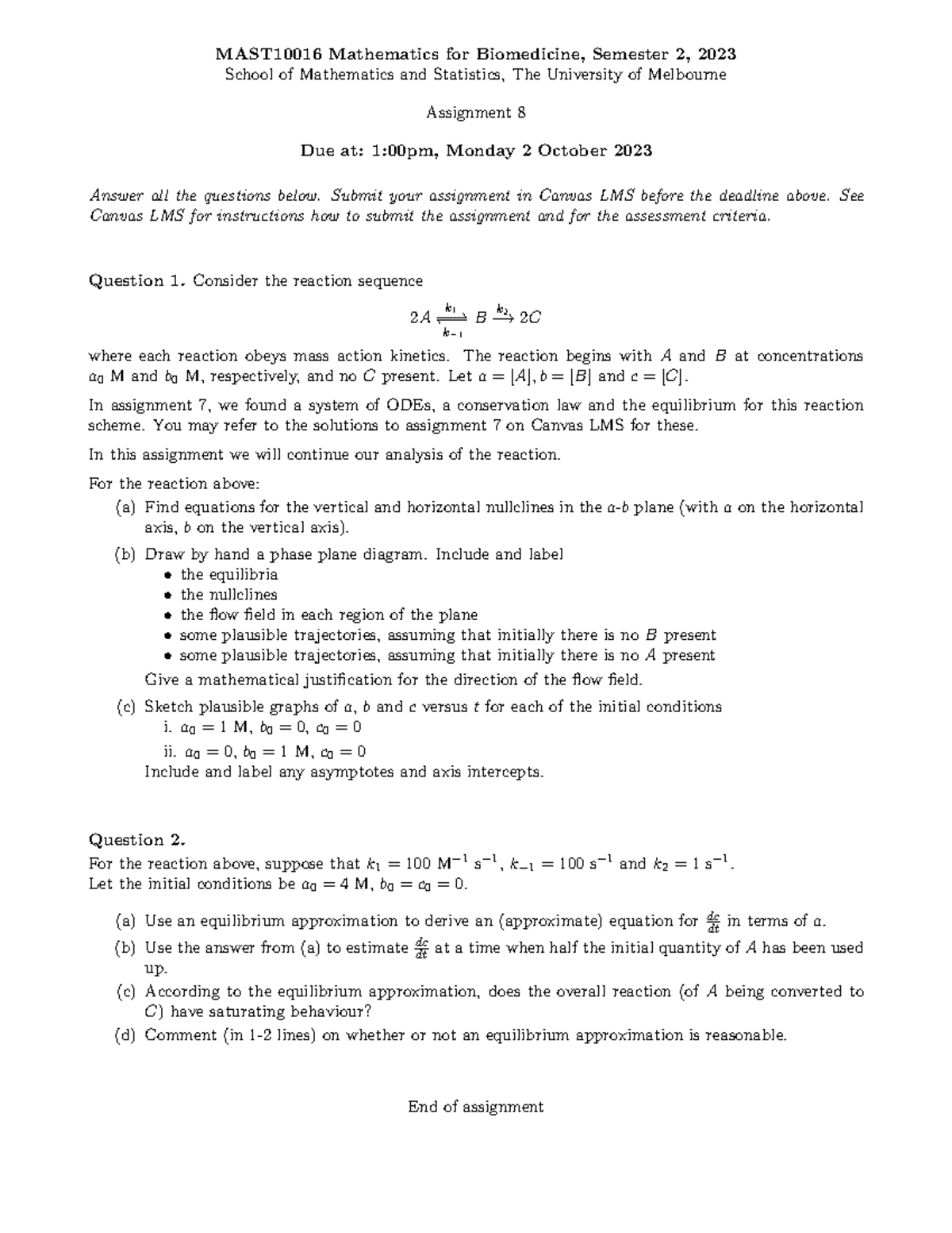 Assignment 8 mast10016 2023s2 mast10016 mathematics for biomedicine