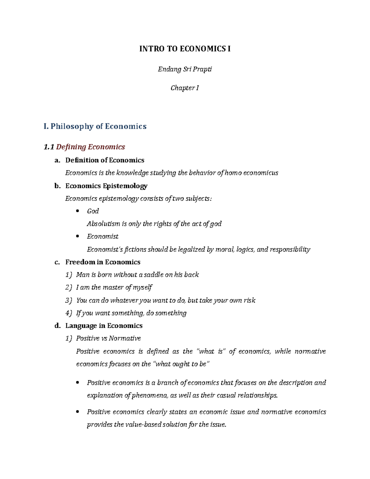 Chapter 1 - Lecture notes 1 - INTRO TO ECONOMICS I Endang Sri Prapti ...