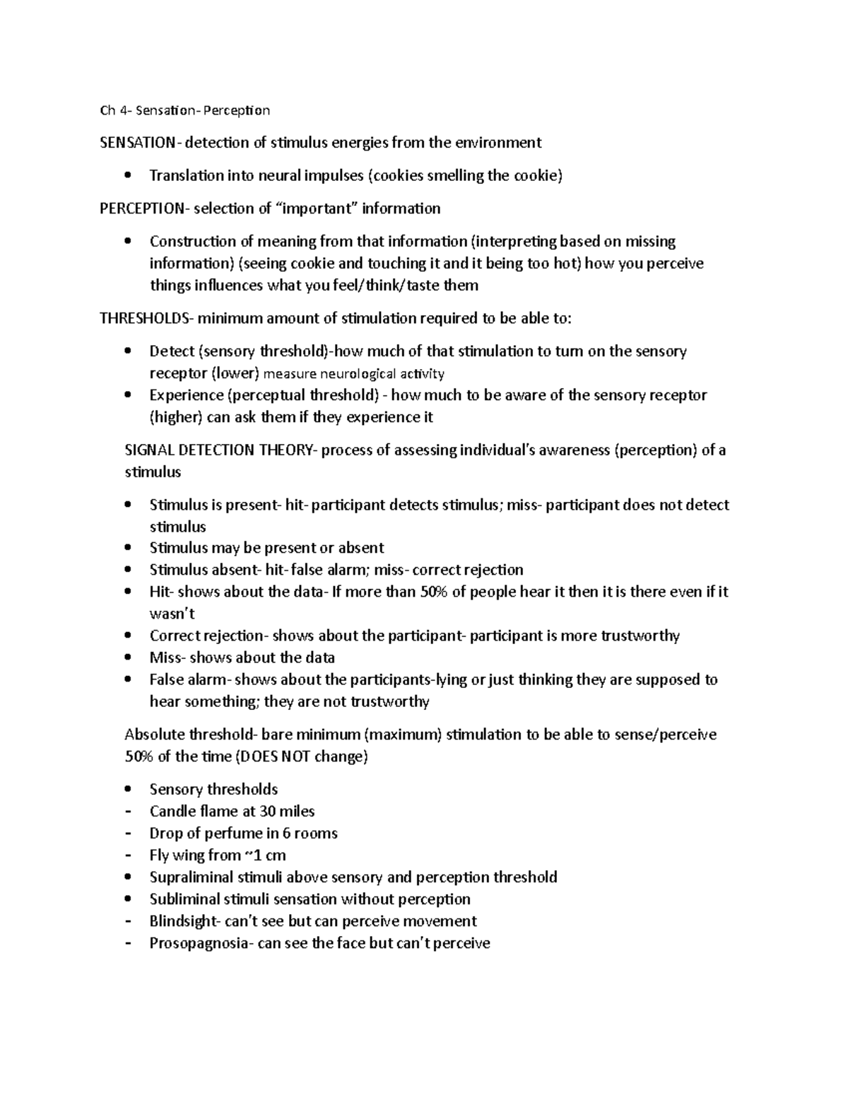 Psych CH 4 Notes - Gitter - Ch 4- Sensation- Perception SENSATION ...