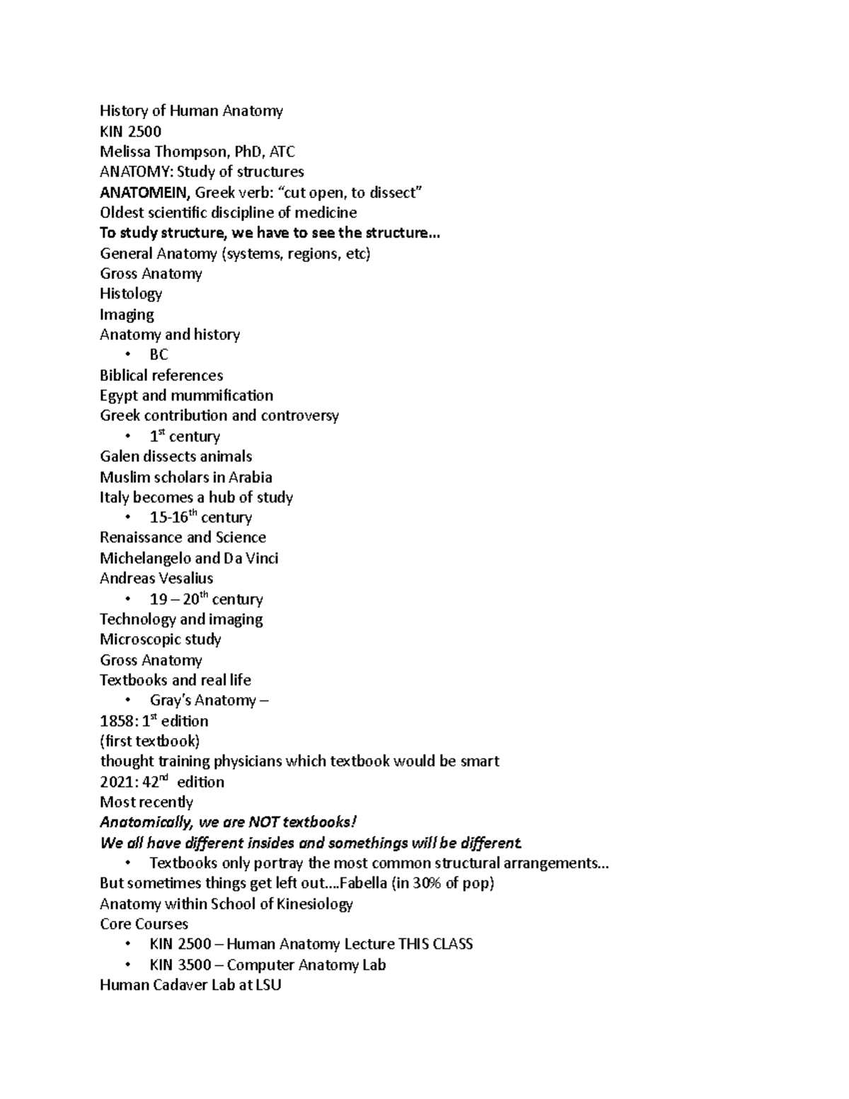 History of Human Anatomy word History of Human Anatomy KIN 2500