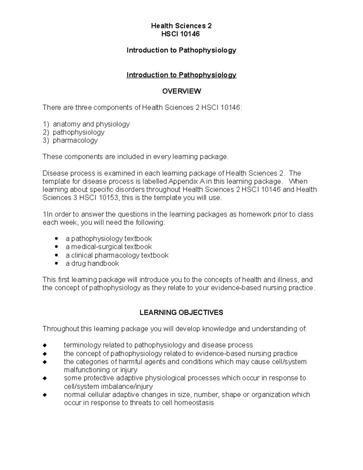 1)HS2Introduction To Pathophysiology Learning Package - HSCI 10146 ...