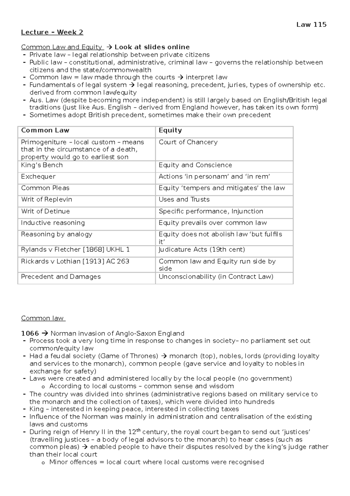 Law 115 lecture notes - Lecture – Week 2 Common Law and Equity Look at ...