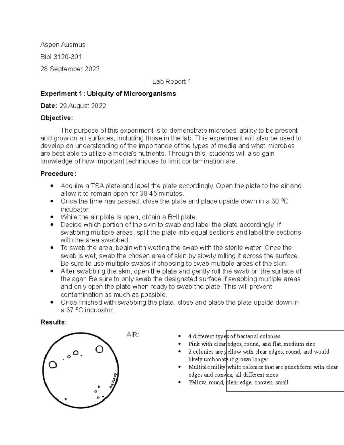 Microbiology Lab Report 1 Aspen Ausmus Biol 3120 28 September 2022 Lab Report 1 Experiment 1 