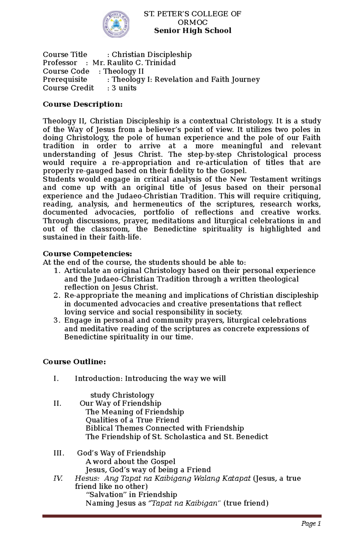 Theology 2 - These materials are created to supply the curricular class ...