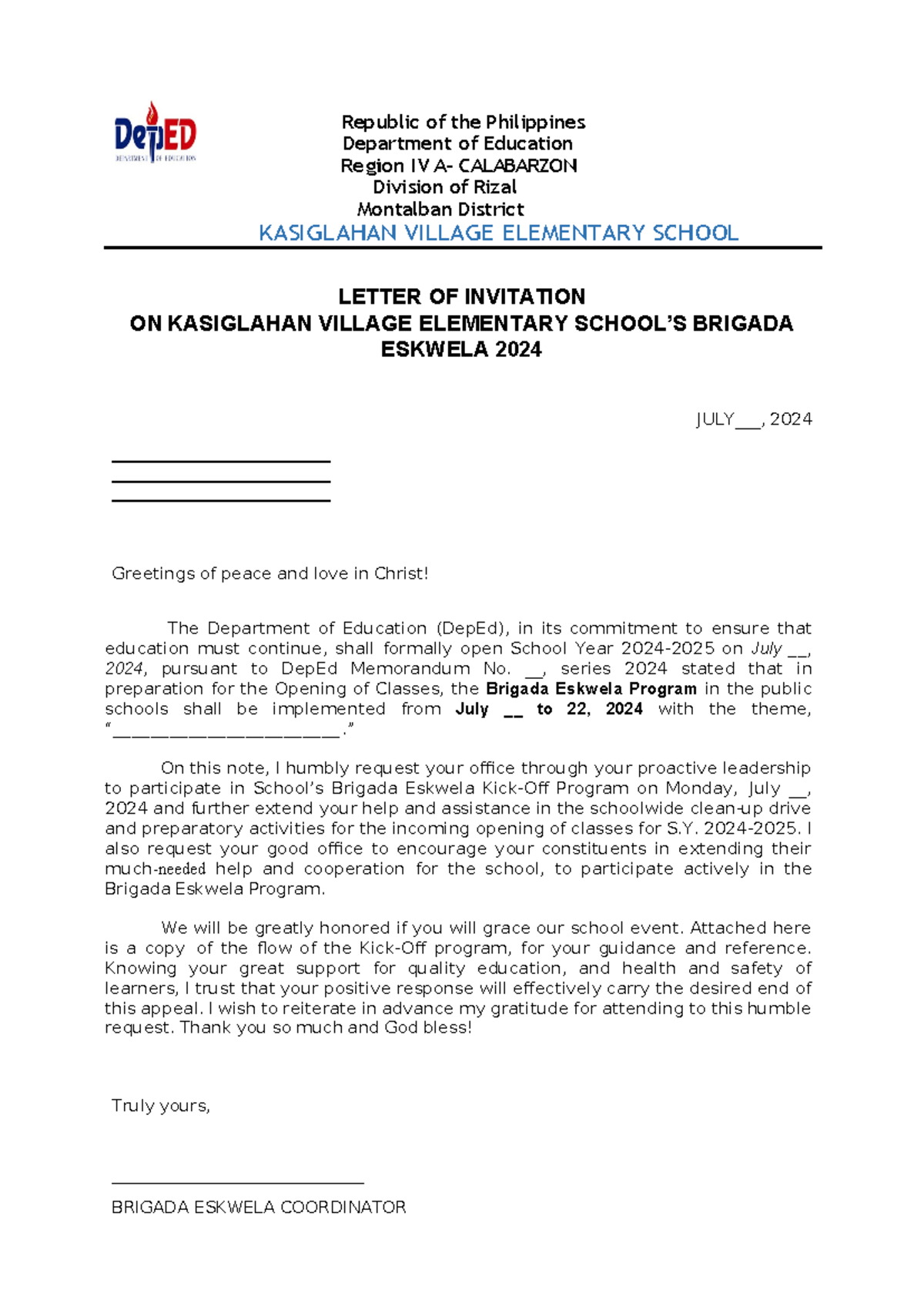 Letter of invitation brigada eskwela - Republic of the Philippines ...