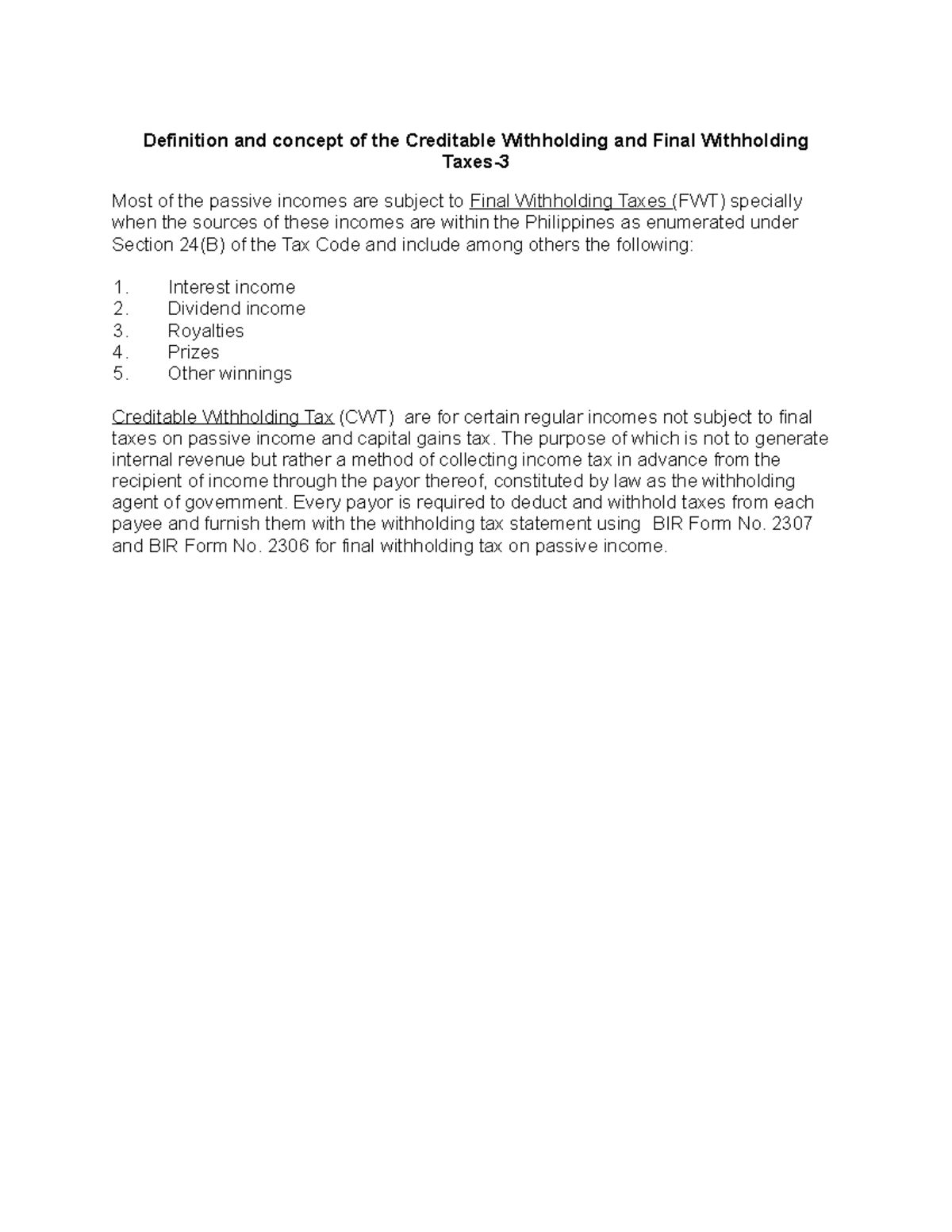 2.4 Definition and concept of the Creditable Withholding and Final