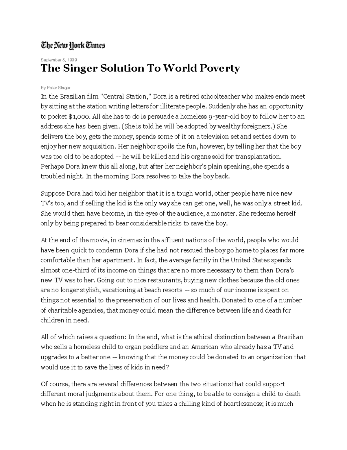 Singer Solution to World Poverty - Suddenly she has an opportunity to ...