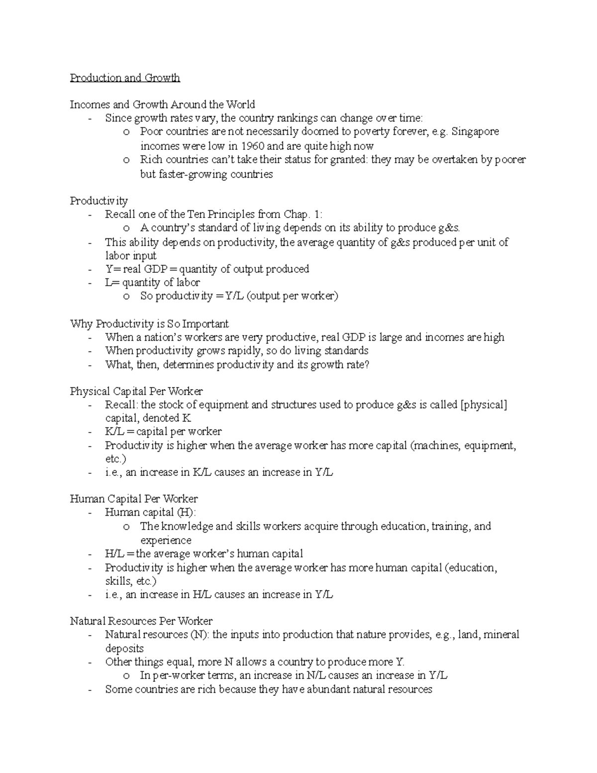 Chapter 12 Notes #1 - Production and Growth Incomes and Growth Around ...