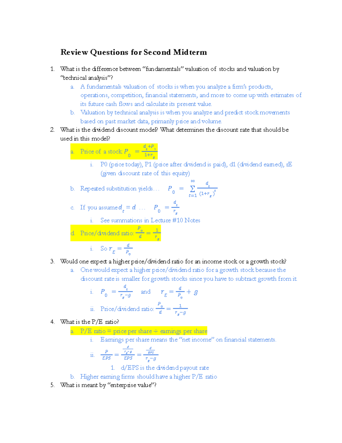 Financial Econ Midterm 2 Review Sheet - Review Questions For Second ...