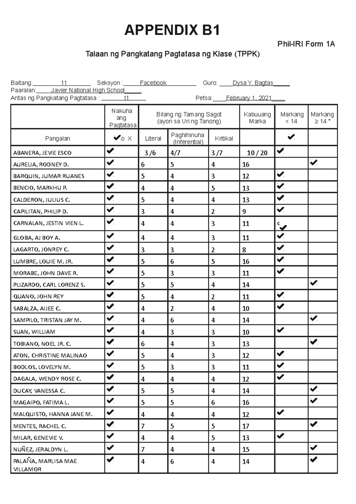 P HIL-IRI Result for Youtube section - APPENDIX B Phil-IRI Form 1A ...