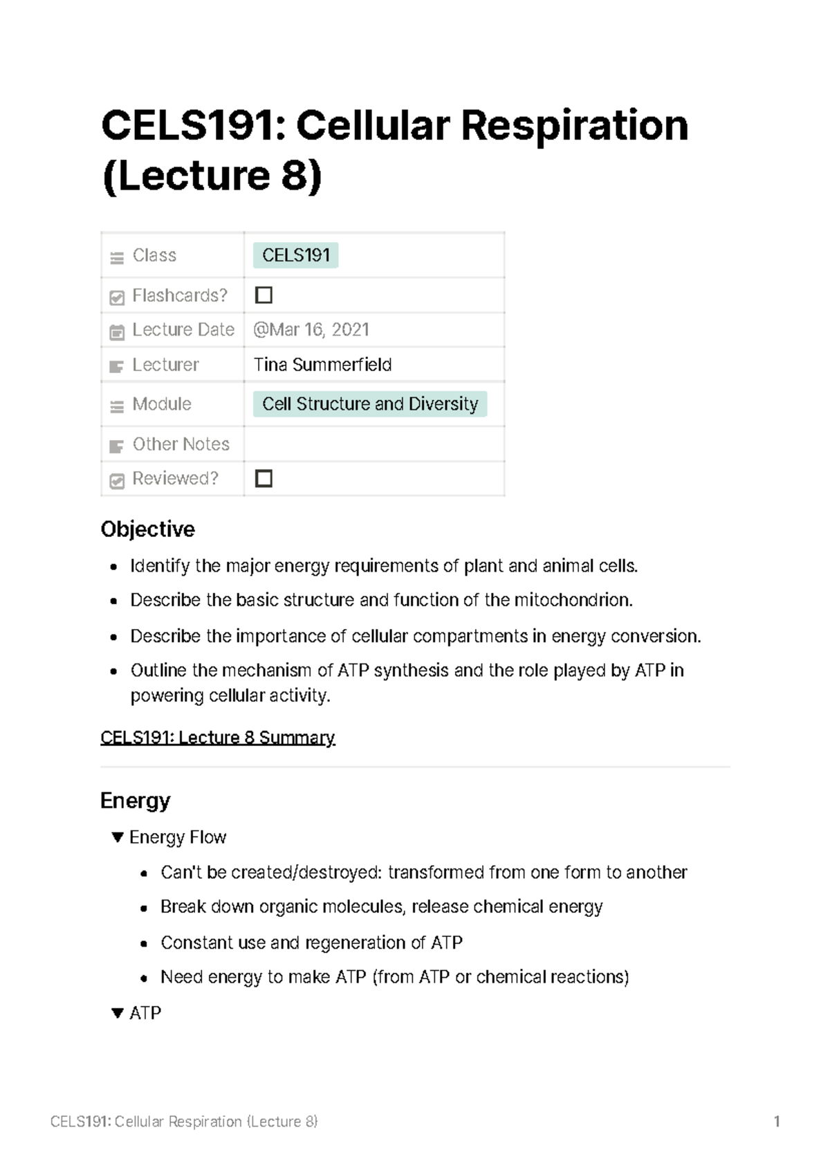 CELS191 Cellular Respiration Lecture 8 Notes - CELS191 Cellular ...