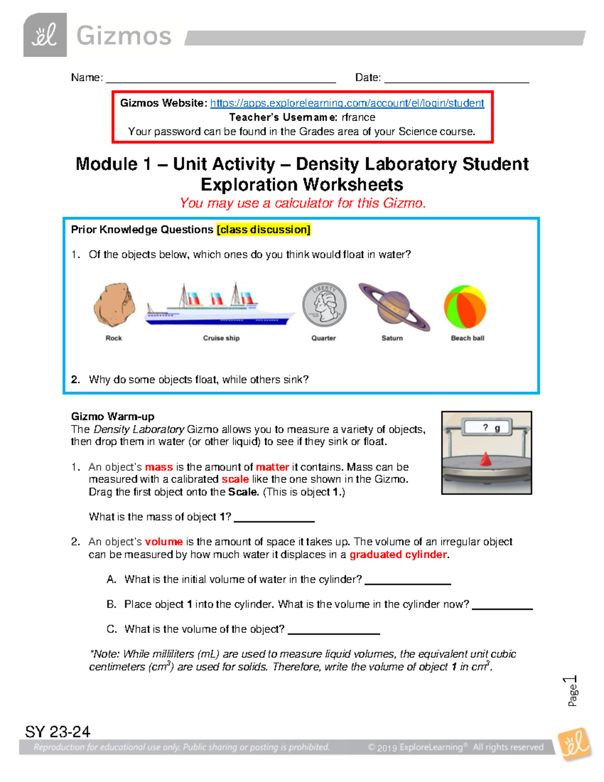 Module 1 Unit Activity Density Laboratory Gizmo Student Exploration