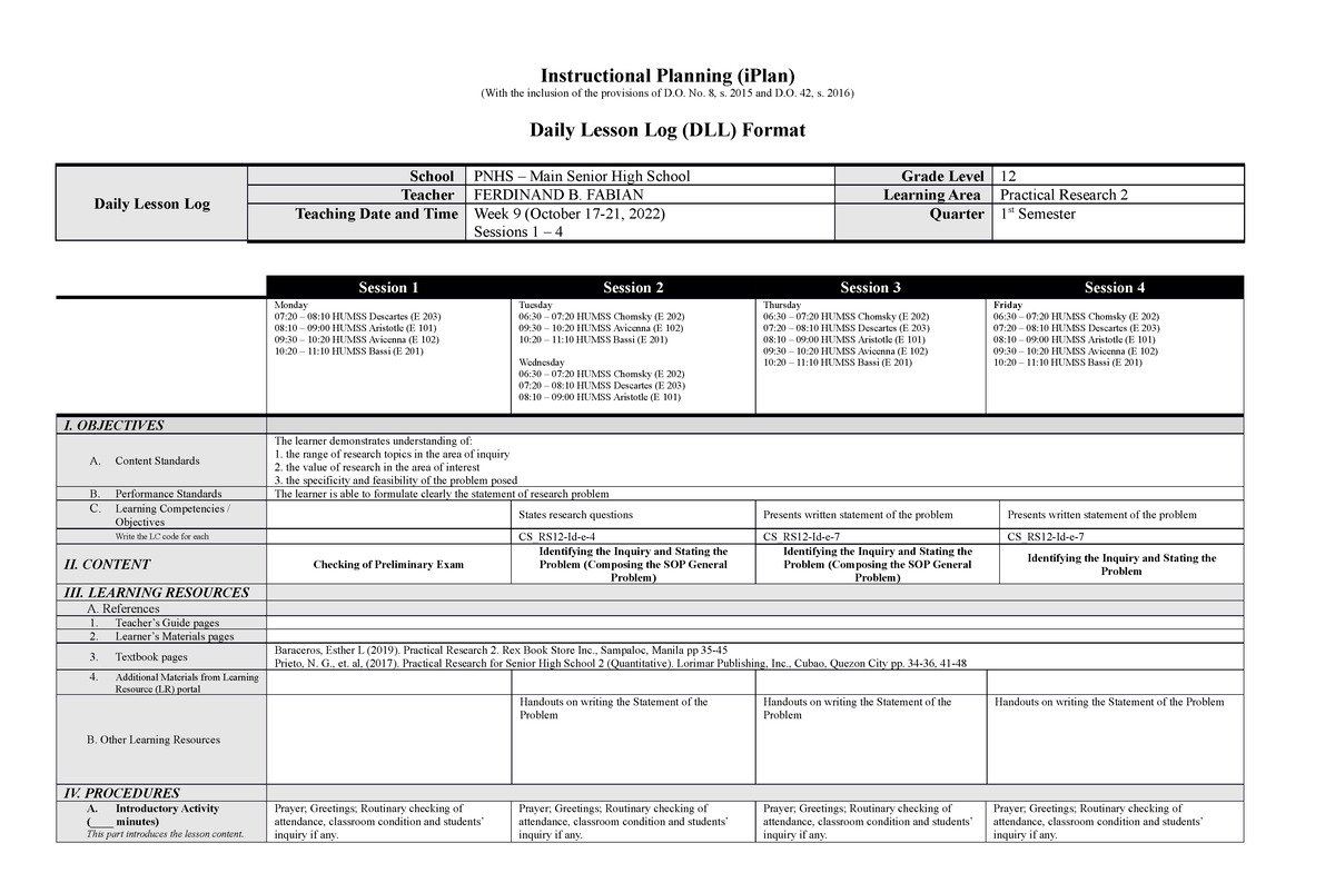 PR 2 DLL-Week 9 1st Q-1st Sem 2022-2023 - Instructional Planning (iPlan ...