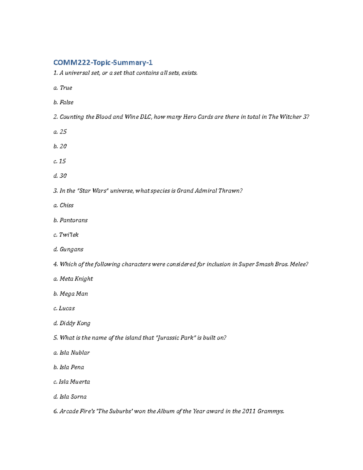 COMM222 Topic Summary 1 COMM222TopicSummary A universal set, or a