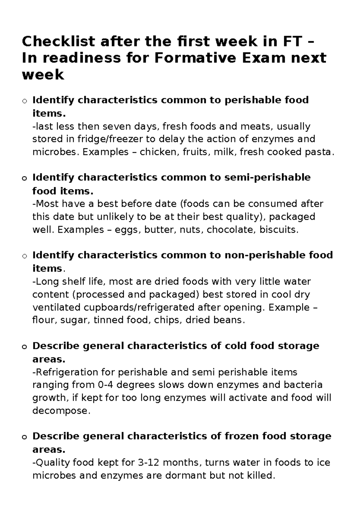 FT - food safety notes - Checklist after the first week in FT – In ...