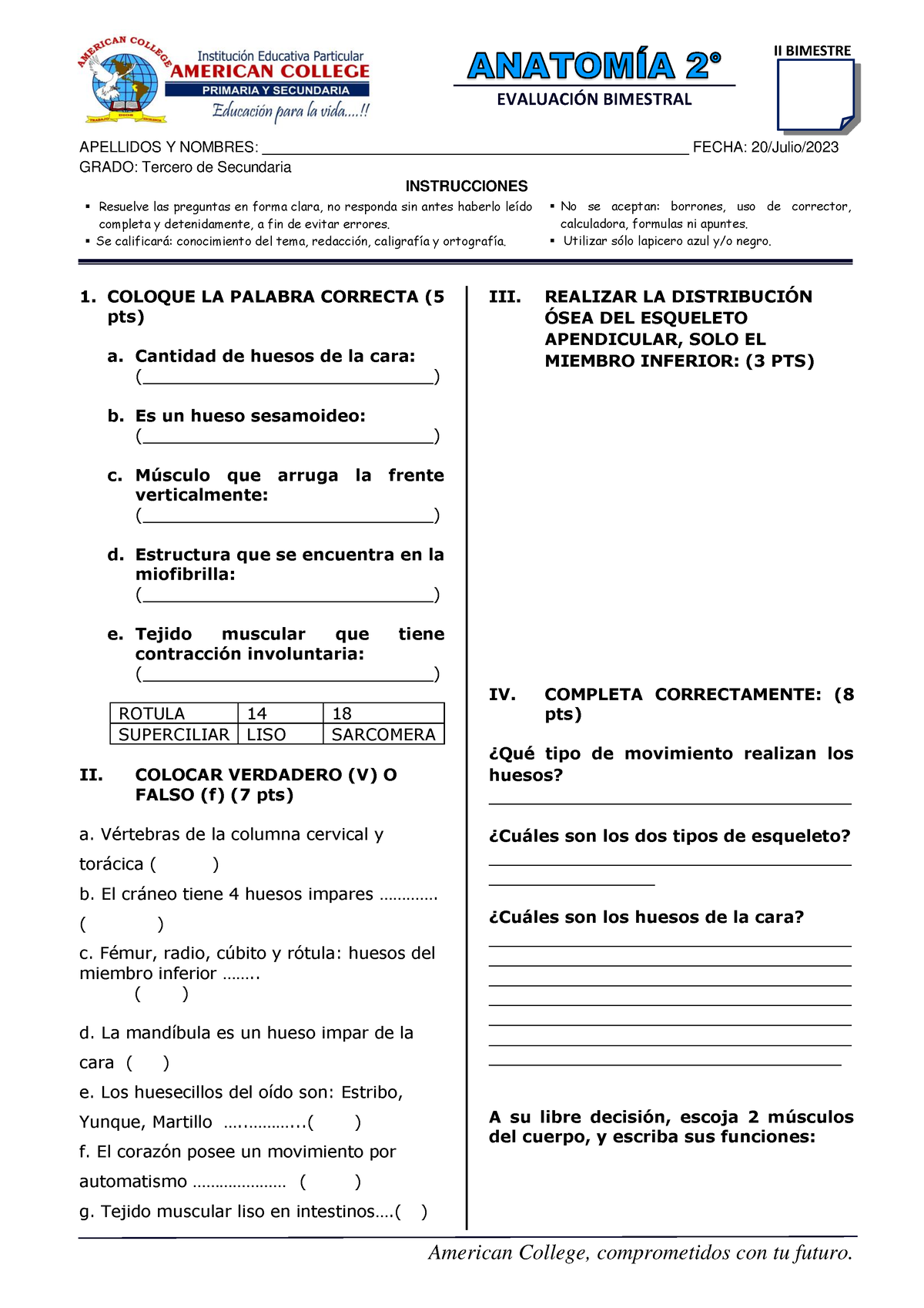 Examen Bimestral B Examen Bimestral Do Bimestre Nombres Y Apellidos ...